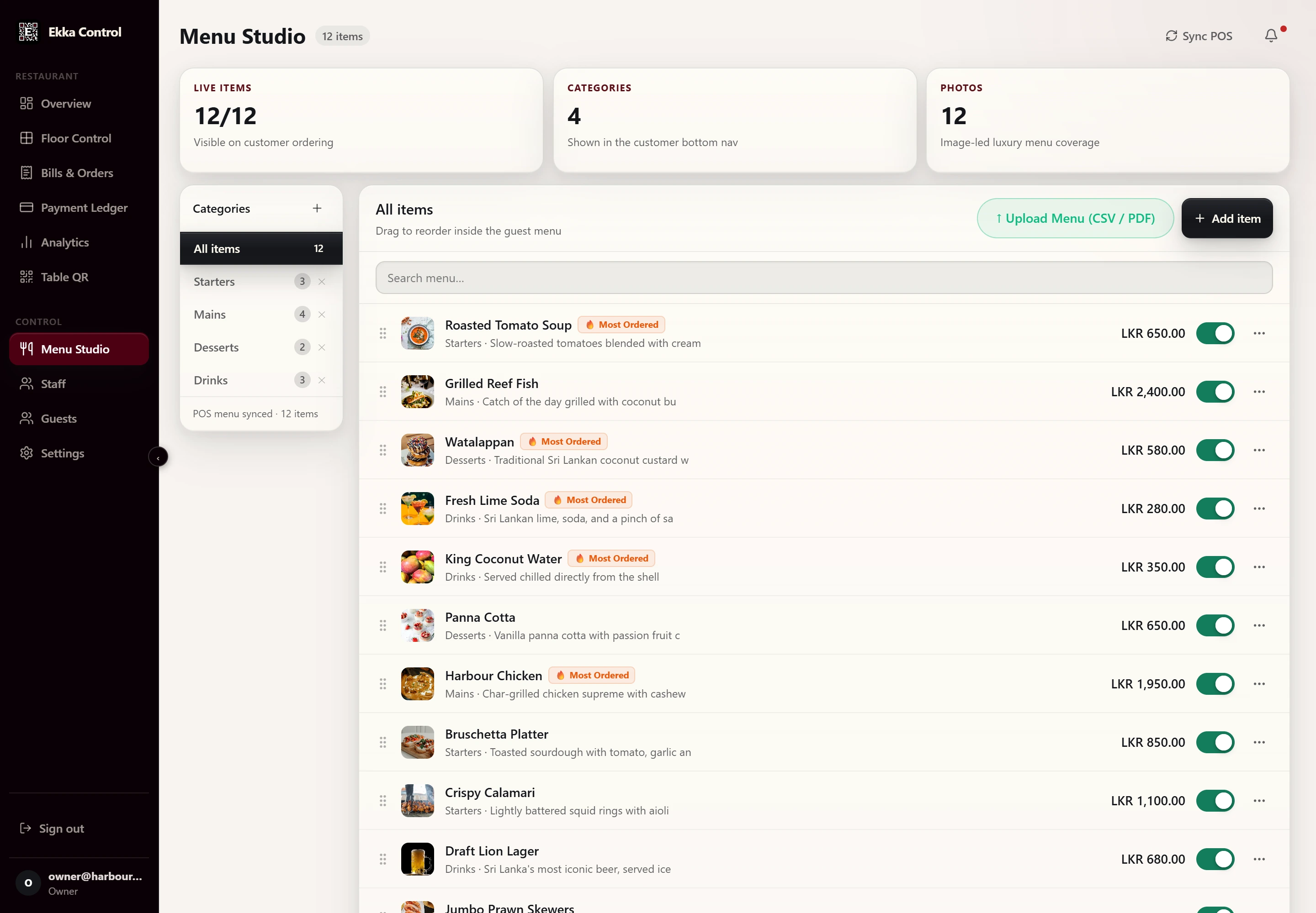 Ekka Menu Studio listing menu items with prices and availability toggles